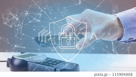 Image of network of connections and security padlock on shield over payment terminal 115904808