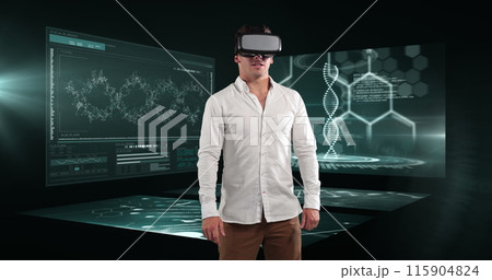 Image of businessman wearing vr headset over screens with medical data processing 115904824