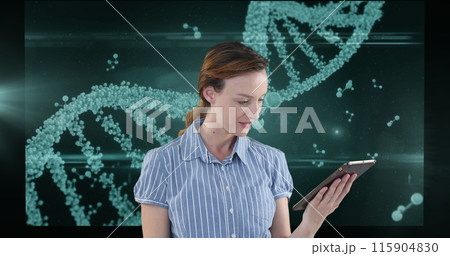 Image of businesswoman using tablet over screens with medical data processing 115904830