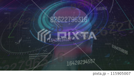 Image of digital screen with data processing, numbers, glitch and human head model 115905007