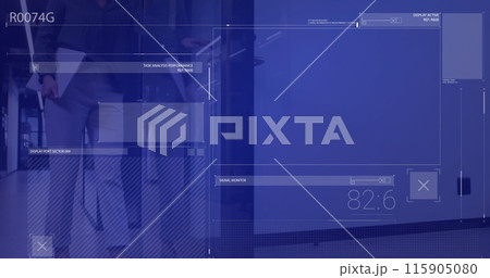 Image of computer display screen over asian businesswoman with laptop entering in boardroom 115905080