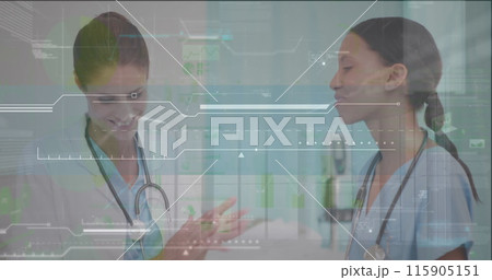 Image of statistics and data processing over diverse doctors 115905151