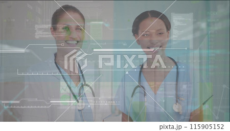 Image of statistics and data processing over diverse doctors 115905152