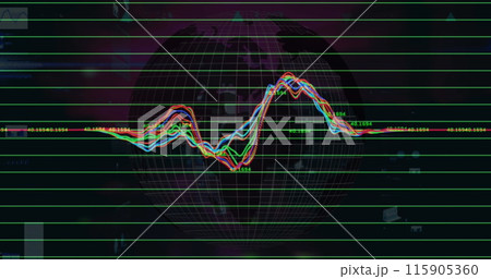 Image of globe and graphs on black background Image of globe and graphs on black background 115905360