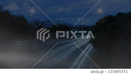 Image of globe and financial graphs over night road 115905371