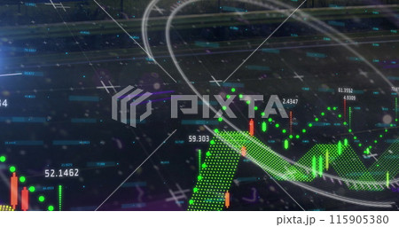 Image of glitch, processing circle and financial graphs and data on black background Image of glitch, processing circle and financial graphs and data on black background 115905380