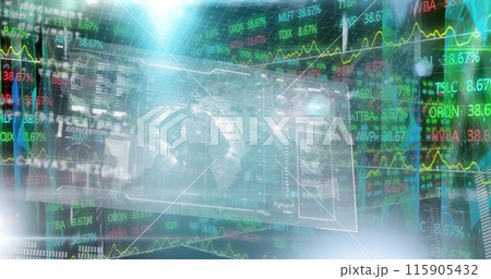 Image of globe, graphs, lens flare, hud screen, database moving over trading board Image of globe, graphs, lens flare, hud screen, database moving over trading board 115905432