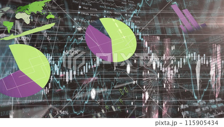 Image of multicolored infographic interface, connected dots moving on abstract background 115905434