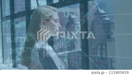 Image of financial data processing over caucasian businesswoman in office Image of financial data processing over caucasian businesswoman in office 115905659