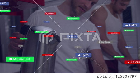 Image of media icons over caucasian men pouring coffee Image of media icons over caucasian men pouring coffee 115905797