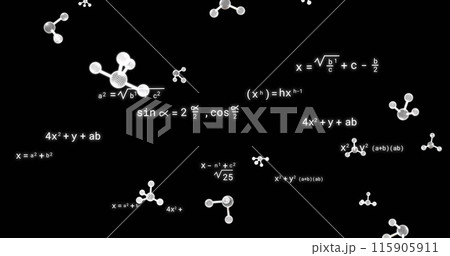 Image of molecules over mathematical equations on black background Image of molecules over mathematical equations on black background 115905911