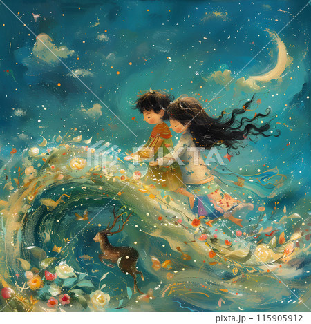 A boy and a girl are joyfully riding a wind wave in a watercolor painting, depicting people in nature having fun and enjoying recreation A boy and a girl are joyfully riding a wind wave in a watercolor painting, depicting people in nature having fun and enjoying recreation 115905912