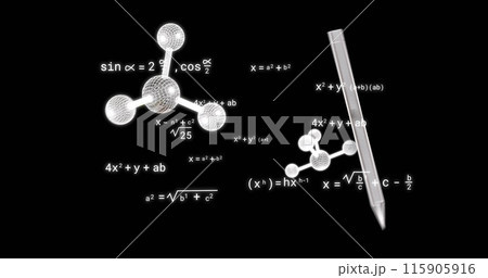 Image of icons over mathematical equations on black background Image of icons over mathematical equations on black background 115905916
