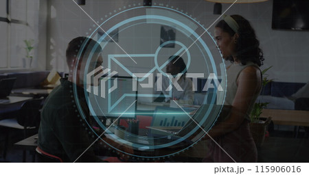 Image of cyber security text and envelope icon, caucasian coworkers discussing over laptop 115906016