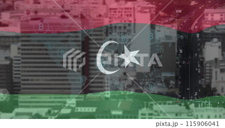 Image of map and bitcoin icons over flag of libya against time-lapse of vehicles on street 115906041
