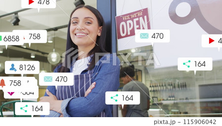 Image of social media data processing over biracial sales woman in grocery store 115906042