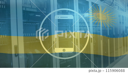 Image of cellphone in circle and rwanda flag over computer language against server room Image of cellphone in circle and rwanda flag over computer language against server room 115906088