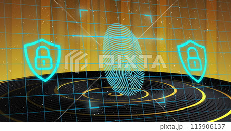 Biometric fingerprint scanning and padlock on shield security icons over moving black podium 115906137