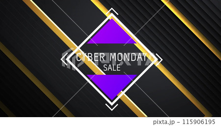 Cyber monday text in white with purple triangles over diagonal gold stripes on black background 115906195
