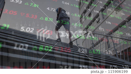 Image of financial data processing over caucasian man running in city 115906199