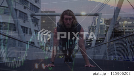Image of financial data processing over caucasian man doing push ups in city 115906202