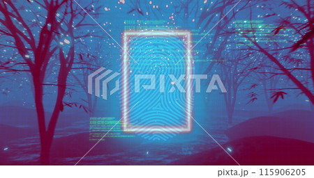 Biometric fingerprint interface over lights in trees on path at night 115906205
