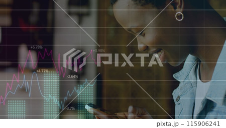 Image of multiple graphs with changing numbers, african american woman scrolling on smartphone 115906241
