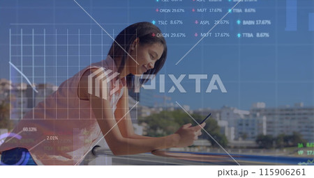 Image of multiple graphs and trading boards over biracial woman using smartphone 115906261