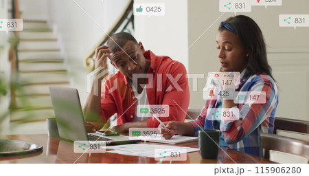 Image of multiple notification bars over diverse couple calculating expenses at home 115906280
