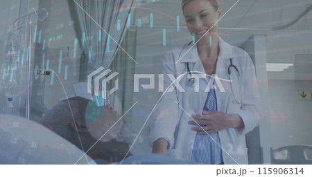Image of graphs and trading board over diverse examining and talking with patient in hospital 115906314
