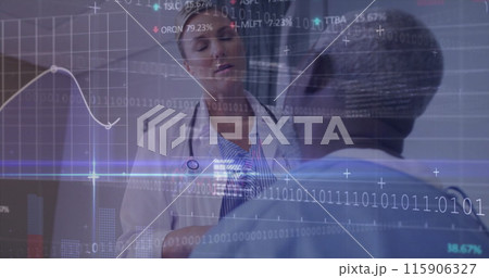 Image of graphs, binary codes, computer language, diverse female doctor examining patient 115906327
