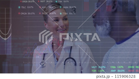 Image of graphs and trading boards over diverse female doctor explaining about his illness 115906328