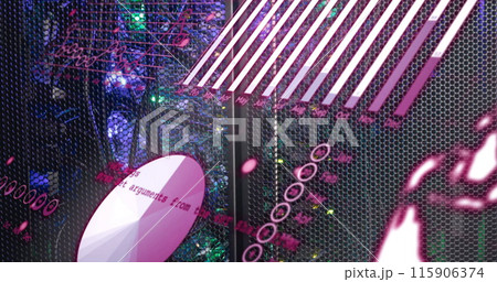 Image of graph, globe and computer language over illuminated data server system 115906374