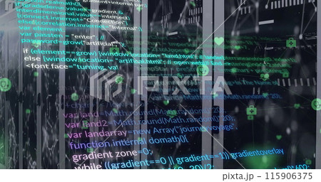 Image of computer language over connected dots on data server systems in server room 115906375