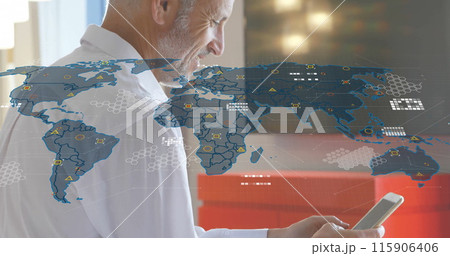 Image of financial data processing over caucasian businessman using smartphone Image of financial data processing over caucasian businessman using smartphone 115906406