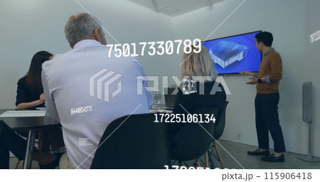 Image of numbers and data processing over diverse business people in office 115906418