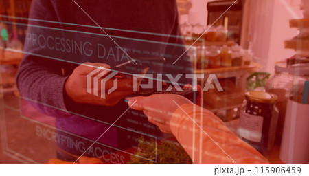 Image of data processing over biracial man paying with smartphone 115906459