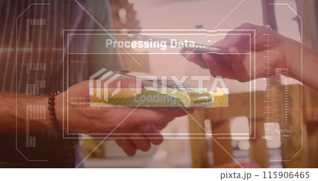 Image of data processing over caucasian woman paying with smartphone Image of data processing over caucasian woman paying with smartphone 115906465