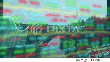 Image of stock market and diagrams over landscape 115906505