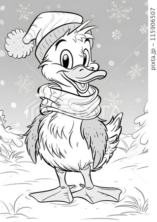 A cartoon illustration of a duck organism wearing a Santa hat and scarf in black and white. The gesture and art of the drawing show a festive mammal with a cute tail 115906507