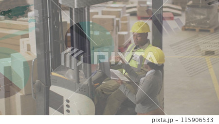 Image of statistic charts over african american workers in warehouse Image of statistic charts over african american workers in warehouse 115906533