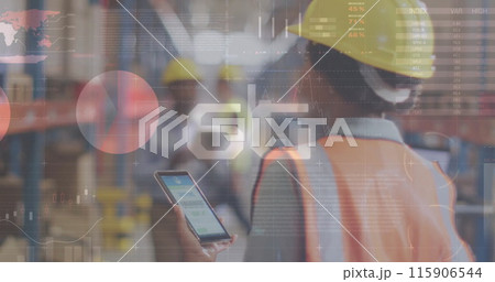 Image of statistic charts over african american workers in warehouse Image of statistic charts over african american workers in warehouse 115906544