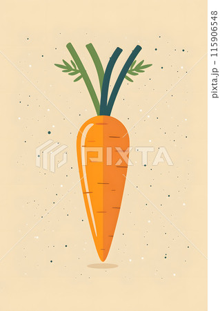 A plantbased food art featuring a vibrant orange carrot with three green leaves, on a natural beige background. This root vegetable is a key ingredient in baby carrots and various produce 115906548
