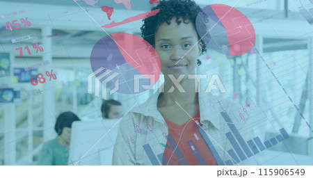 Image of financial data processing over diverse business people in office 115906549