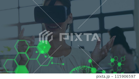 Image of human brains spinning and data processing over businesswoman wearing vr headset Image of human brains spinning and data processing over businesswoman wearing vr headset 115906597