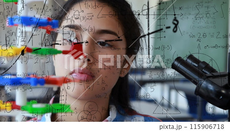 Image of mathematical formulae over student using microscope Image of mathematical formulae over student using microscope 115906718