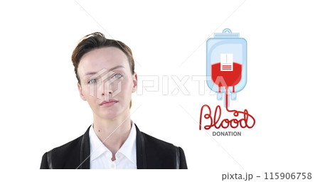 Image of blood donation text with caucasian businesswoman on white background Image of blood donation text with caucasian businesswoman on white background 115906758