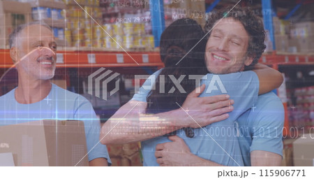 Image of statistics and binary coding data processing over diverse volunteers in warehouse Image of statistics and binary coding data processing over diverse volunteers in warehouse 115906771