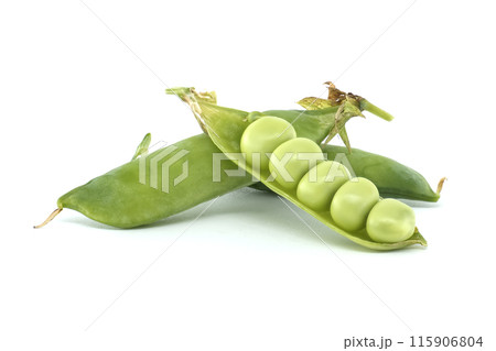 Fresh green peas in a pod on a white background 115906804