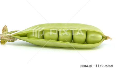 Fresh green peas in a pod on a white background Fresh green peas in a pod on a white background 115906806